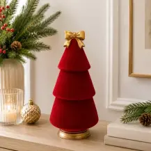 Albero Di Natale Decorativo Rosso Floccato In Resina, Addobbo Natalizi