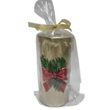 Candela Pillar con Fiocco Oro 7,5X15 cm, Decorativa Natalizia Elegante