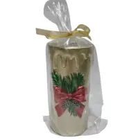 Candela Pillar con Fiocco Oro 7,5X15 cm, Decorativa Natalizia Elegante