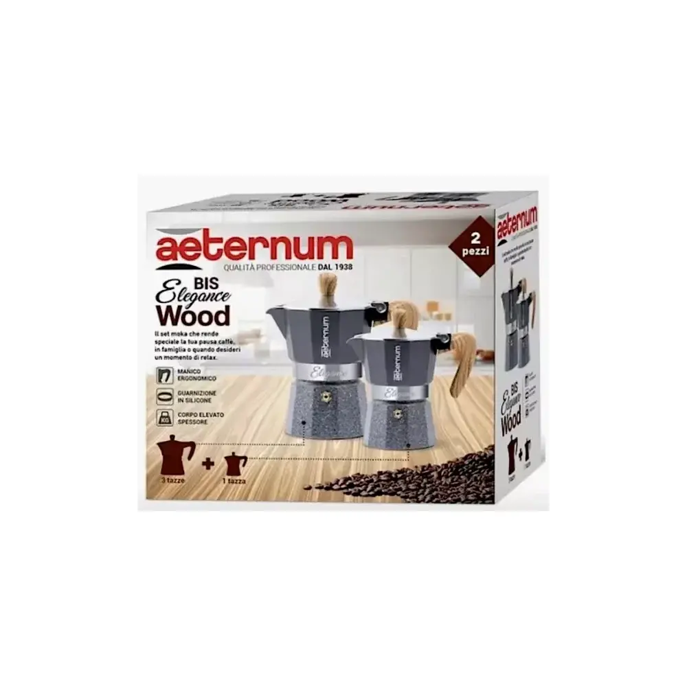 Set Bialetti Bis Elegance Wood: Moka 1 e 3 Tazze in Alluminio