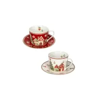 Set 2 Tazze da Tè con Piattino Villaggio in Festa New Bone China Brand