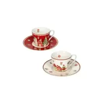 Set 2 Tazzine da Caffè con Piattino Villaggio in Festa New Bone China 