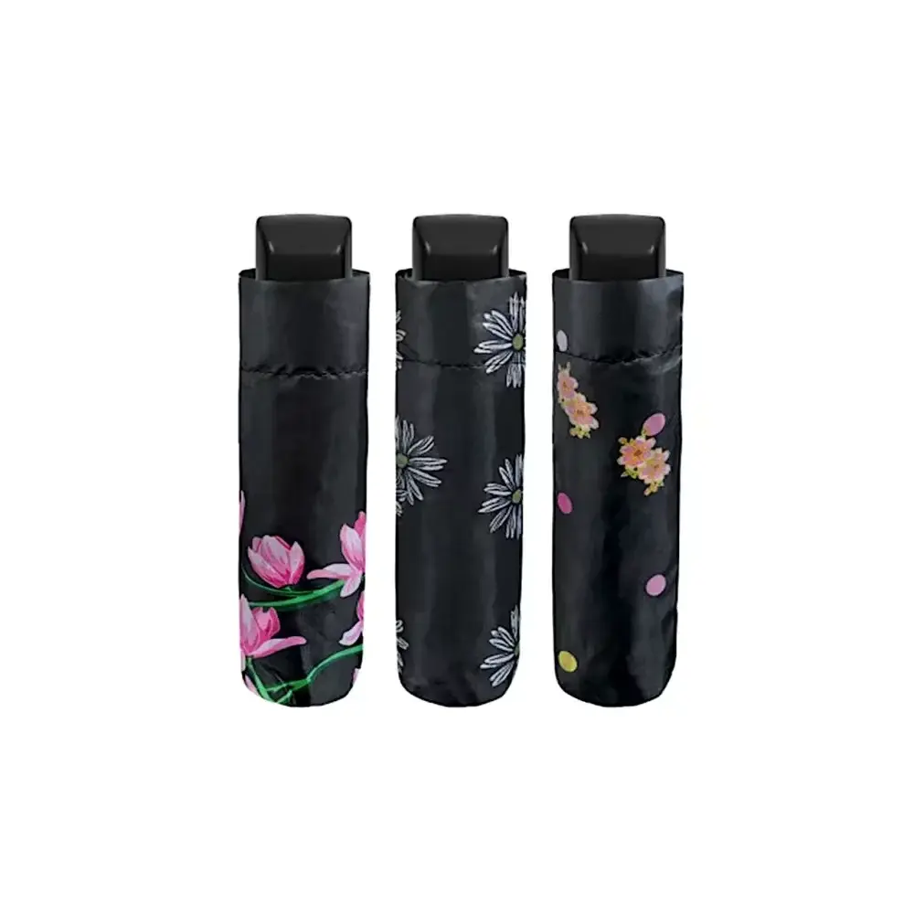 Ombrello Donna Mini Pieghevole 54 cm Manuale Fantasia Fiori su Nero Pe