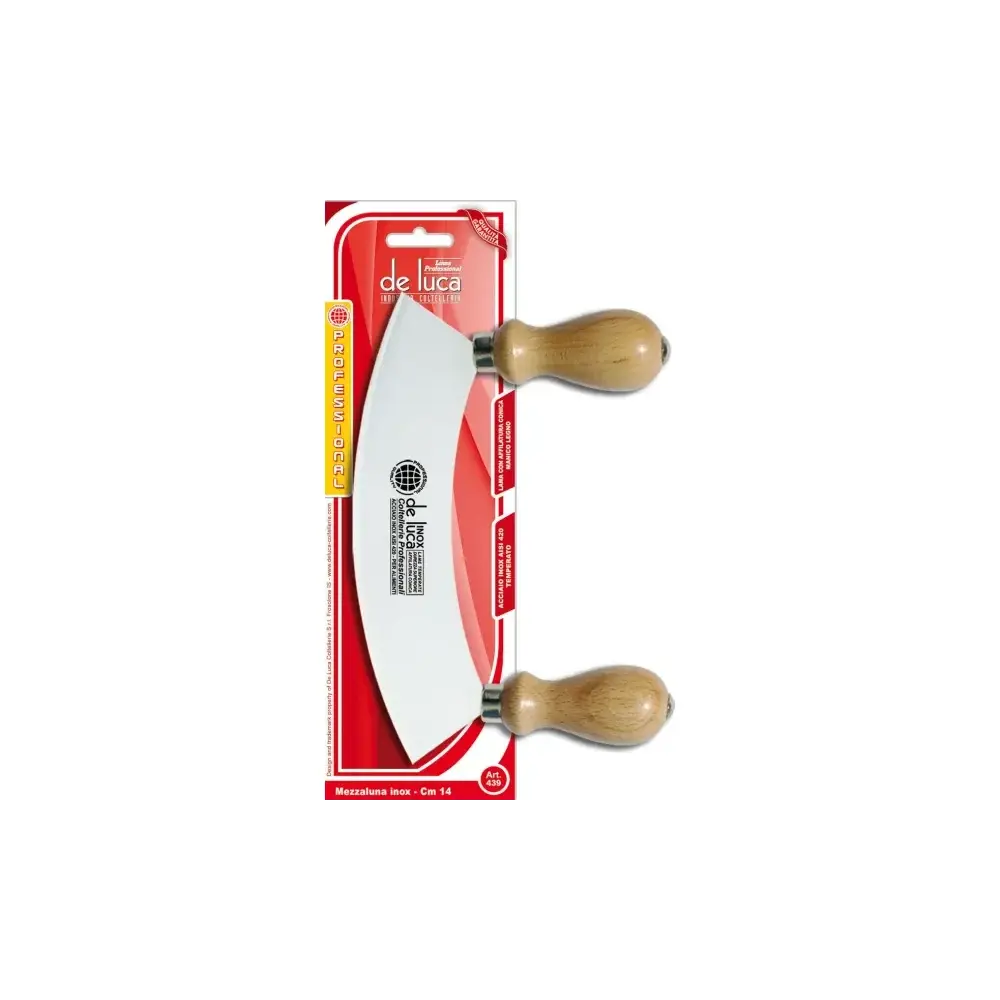 Mezzaluna Piccola 14 cm in Acciaio Inox con Manici in Legno De Luca