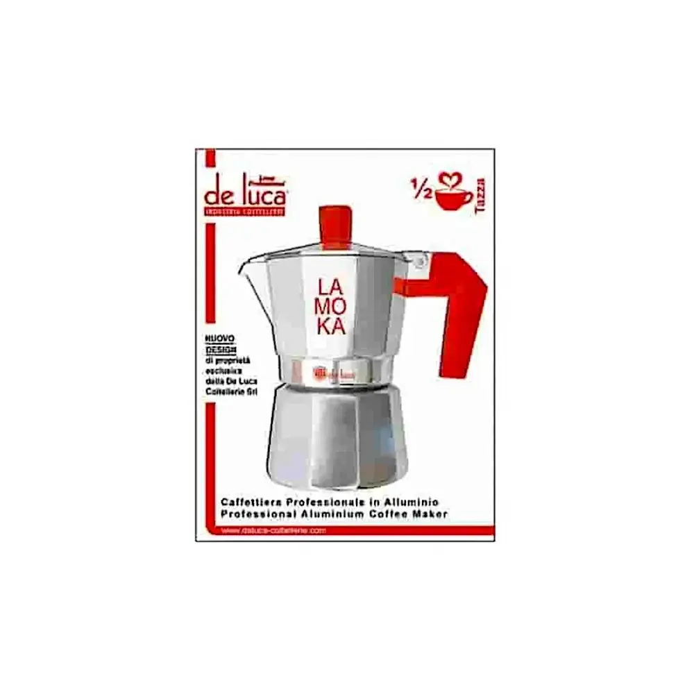 Caffettiera Moka La Moka 1-2 Tazze Alluminio Manico Rosso De Luca