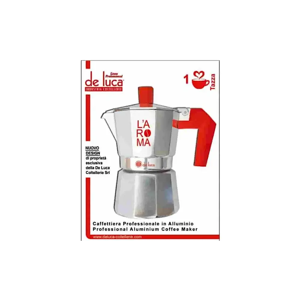 Caffettiera Moka L'Aroma 1 Tazza Alluminio Manico Rosso De Luca