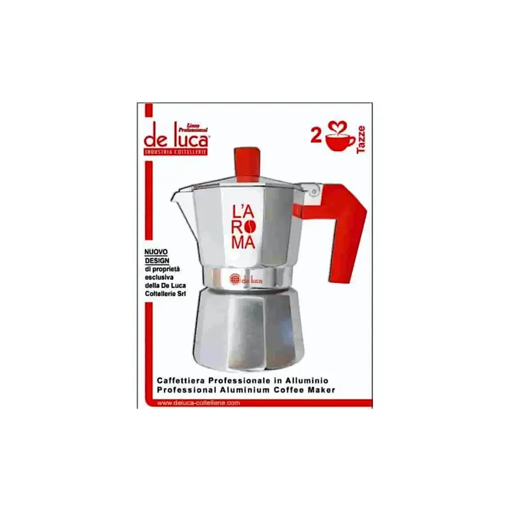 Caffettiera Moka L'Aroma 2 Tazze Alluminio Manico Rosso De Luca