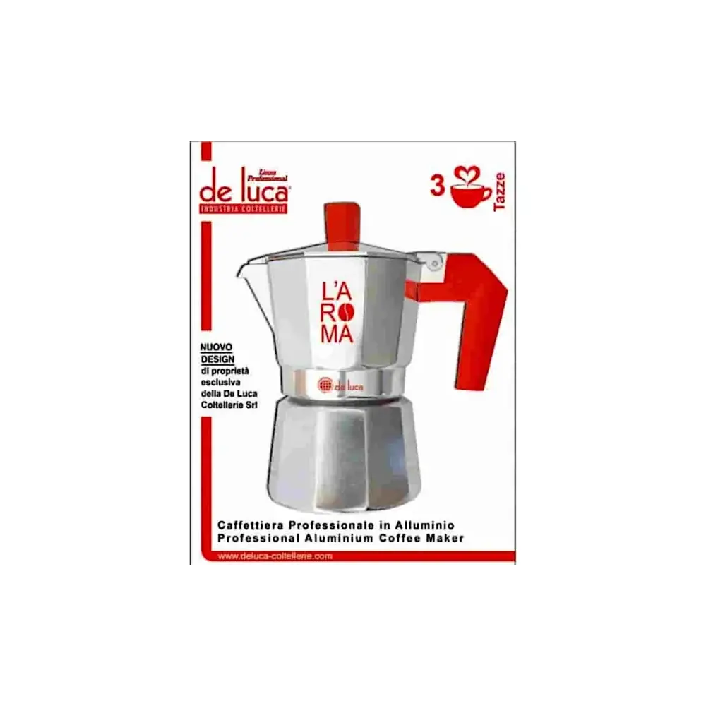 Caffettiera Moka L'Aroma 3 Tazze Alluminio Manico Rosso De Luca