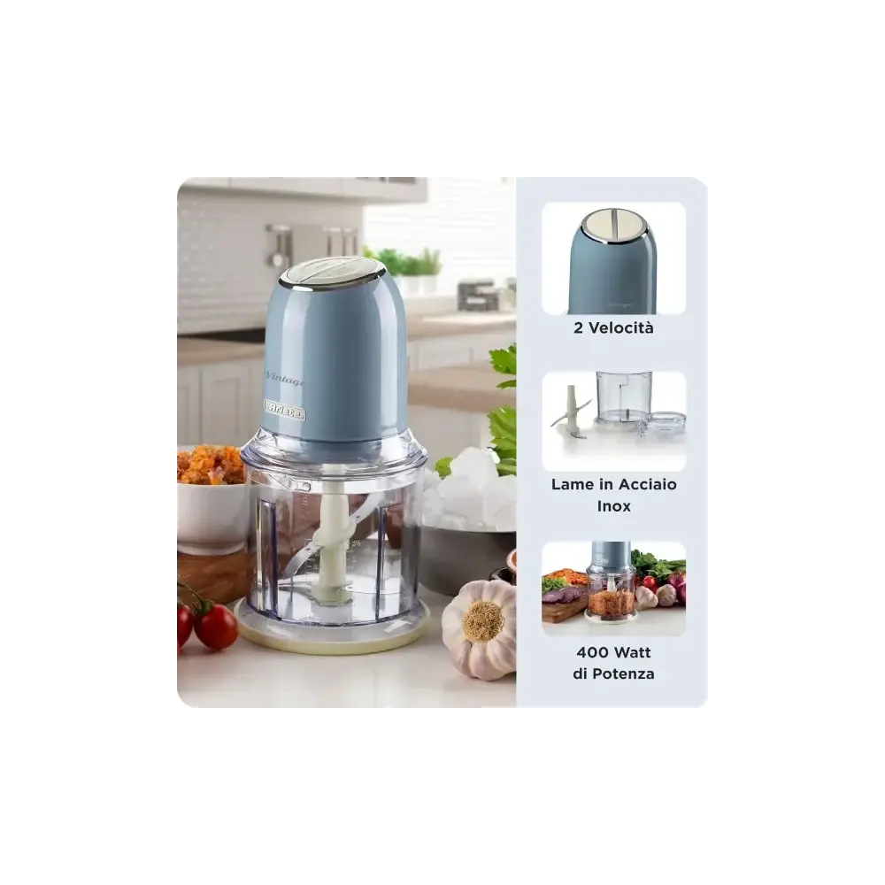 Tritatutto Vintage Celeste 400W 2 Velocità 4 Lame Inox Tazza Ariete