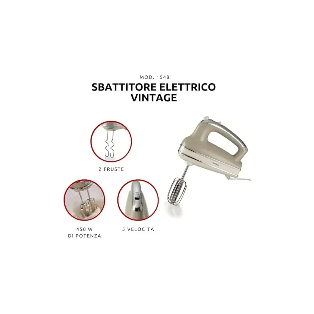Sbattitore Vintage 450W 5 Velocità + Turbo 2 Fruste Inox 1548 Ariete