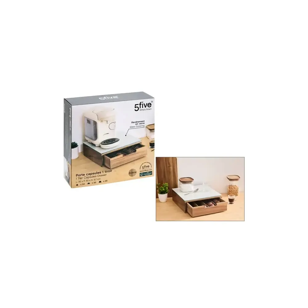 5FIVE Porta Capsule in Acacia e Vetro Beige 30x30x9,7 cm