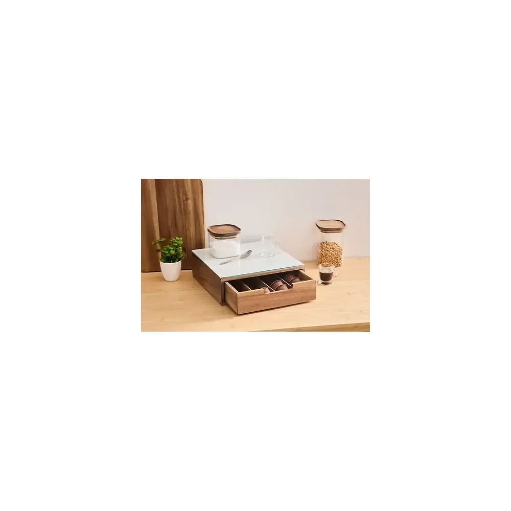5FIVE Porta Capsule in Acacia e Vetro Beige 30x30x9,7 cm