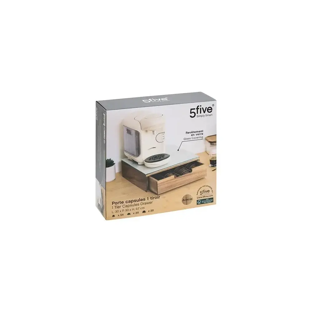 5FIVE Porta Capsule in Acacia e Vetro Beige 30x30x9,7 cm