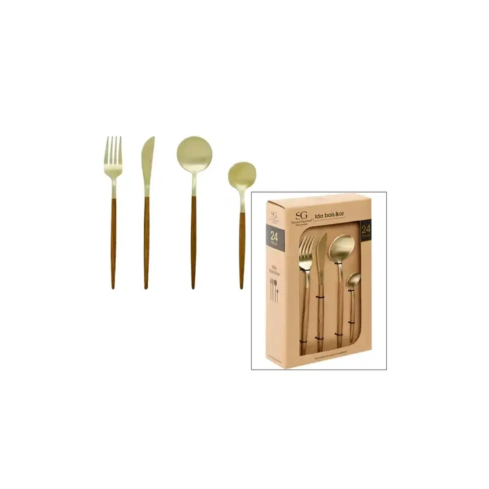 Ida Servizio Posate 24 Pezzi Oro Manico in Legno