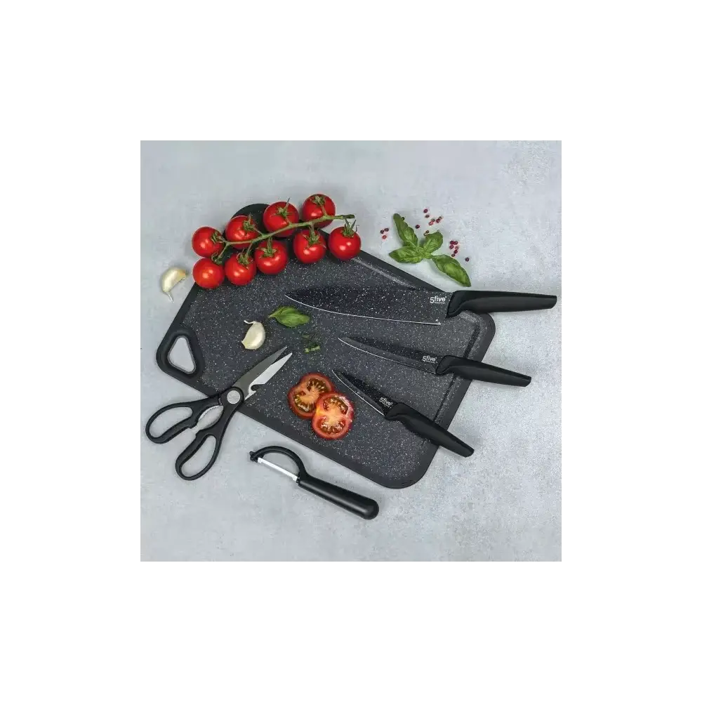 5FIVE Set Utensili Cucina 5 Pezzi con Tagliere in Acciaio Inox
