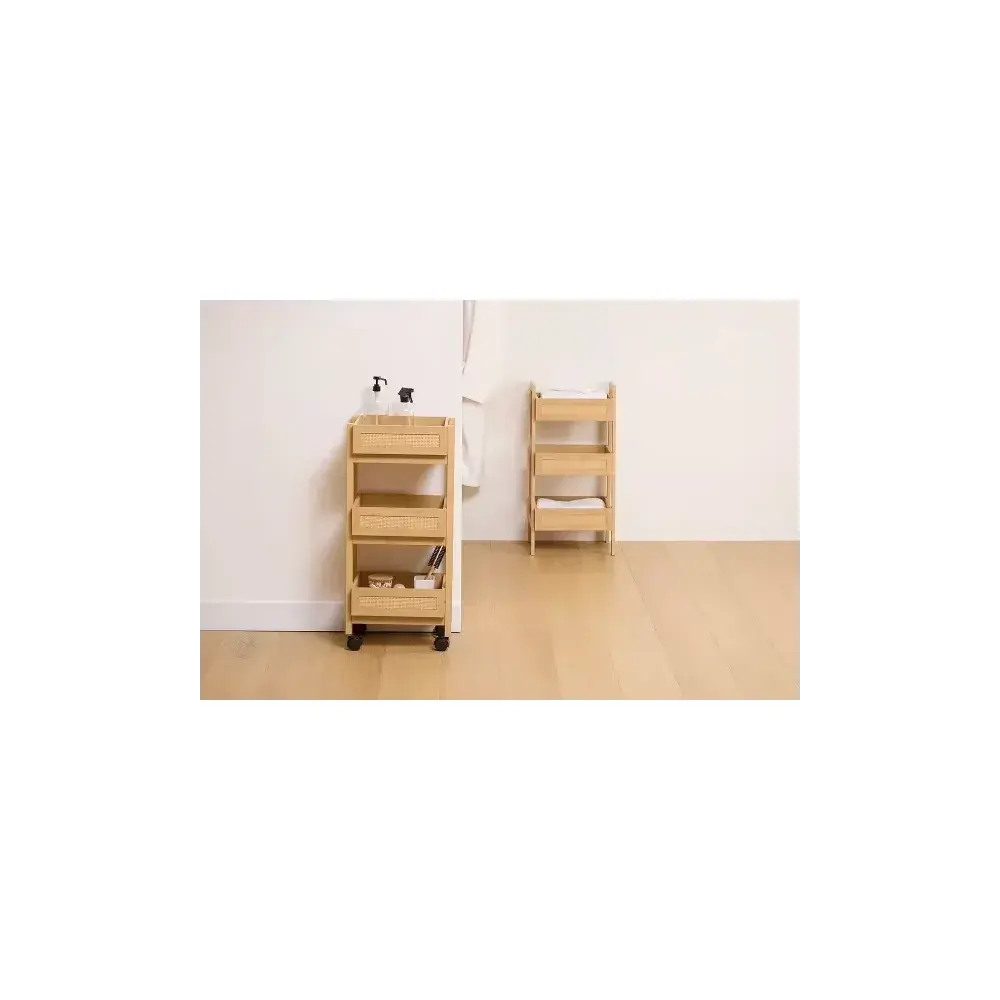 Carrello Di Servizio 3 Ripiani Beige con Dettagli Effetto Rattan Per…
