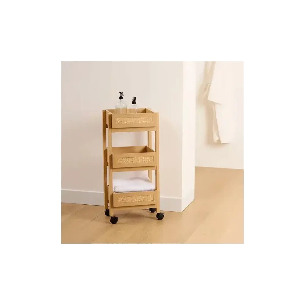 Carrello Di Servizio 3 Ripiani Beige con Dettagli Effetto Rattan Per…