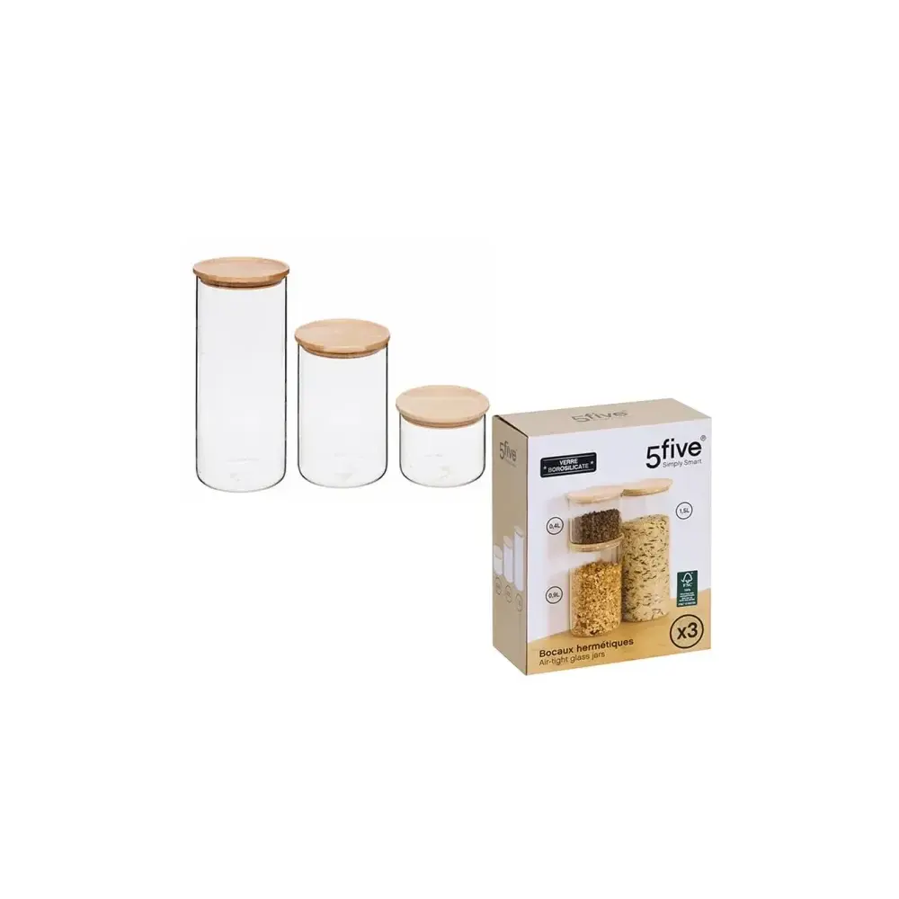 Set 3 Barattoli Ermetici, Vetro Legno, Contenitori Cucina, Alimenti…