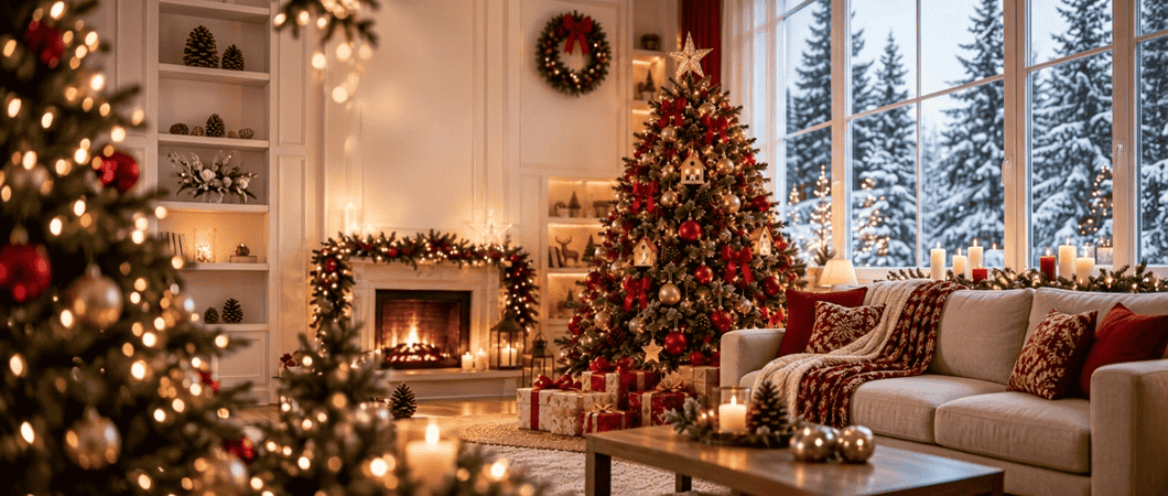 Albero di Natale decorato e camino in soggiorno