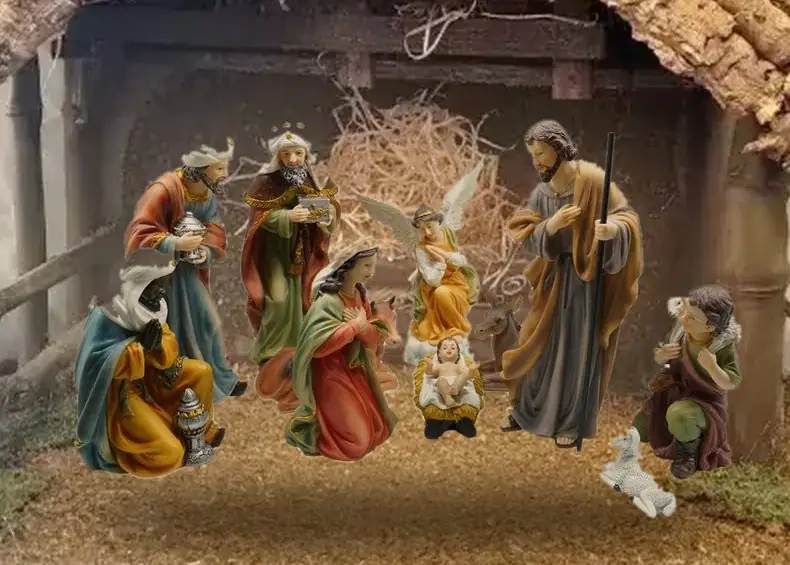 Presepe con Natività: Sacra Famiglia, Re Magi, angelo e pastore nella capanna