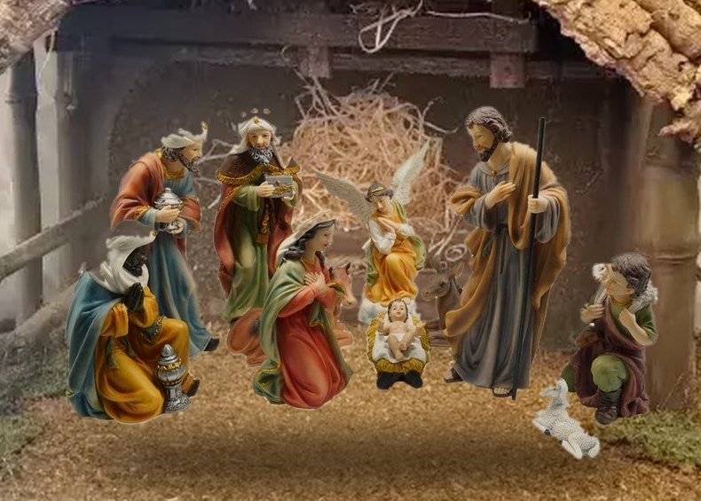 Presepe con Natività: Sacra Famiglia, Re Magi, angelo e pastore nella capanna