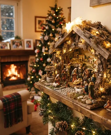 Salotto natalizio con albero addobbato, camino acceso e presepe illuminato
