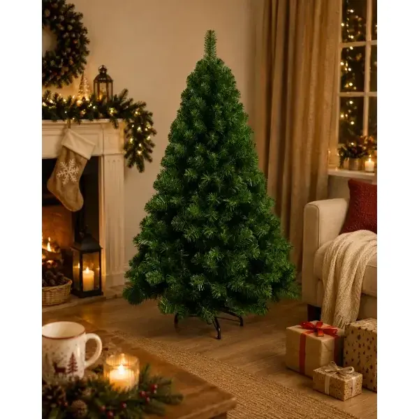 Albero di Natale verde artificiale in salotto con camino