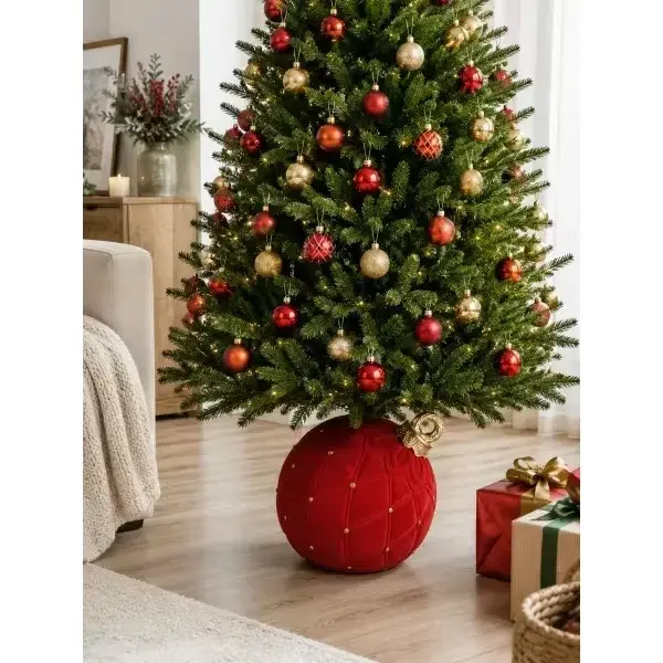 Albero addobbato con sfera rossa decorativa alla base